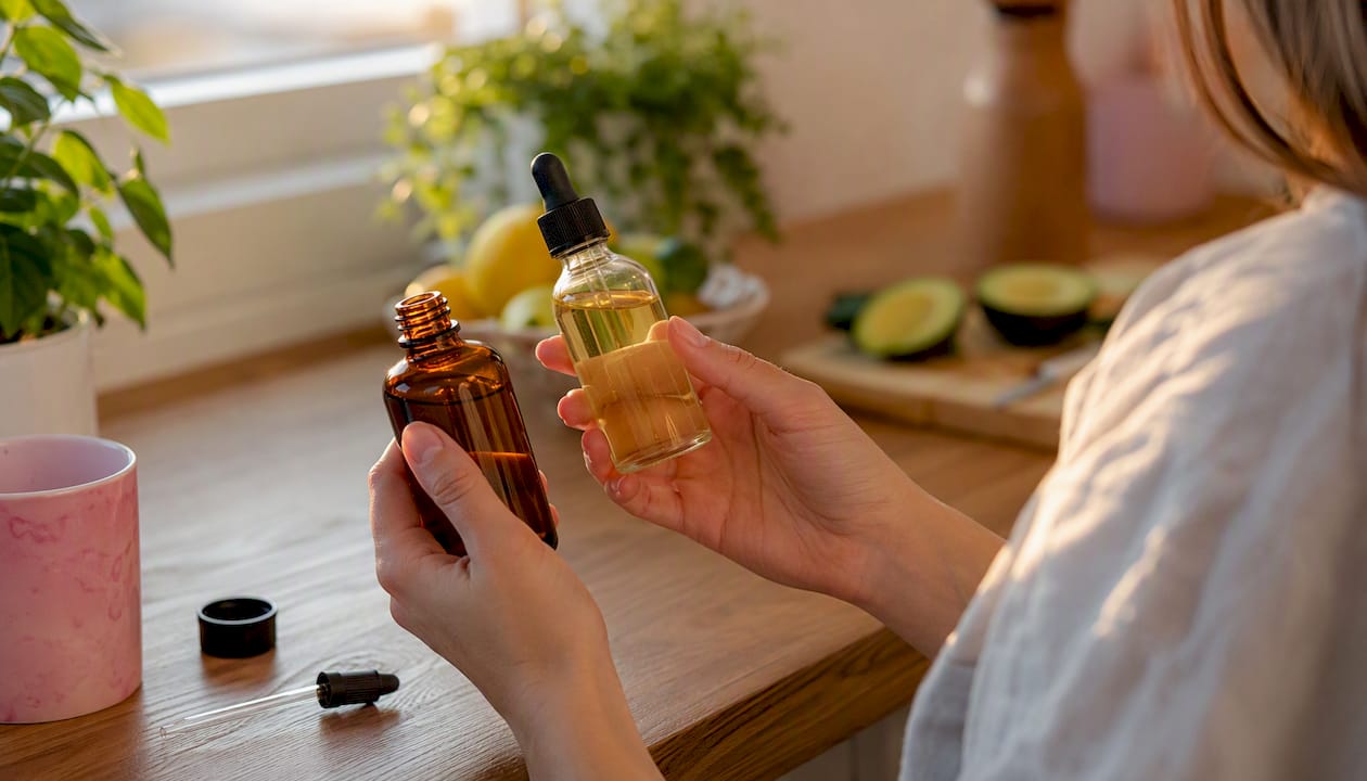 Hands holding small liquid supplement bottles