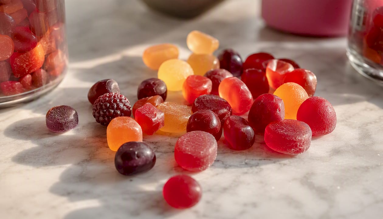 Close-up of solid supplements and gummies
