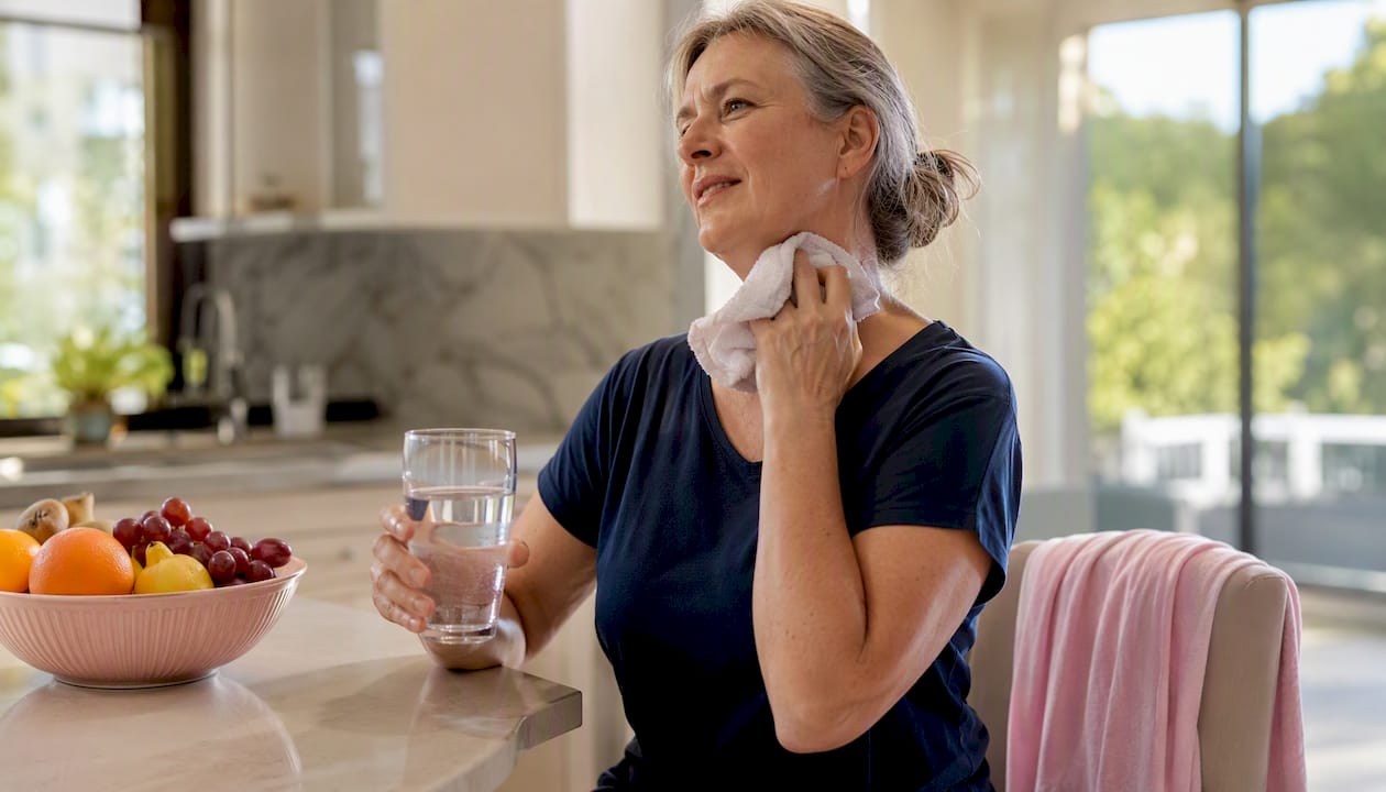Woman relieving hot flashes with water and compress