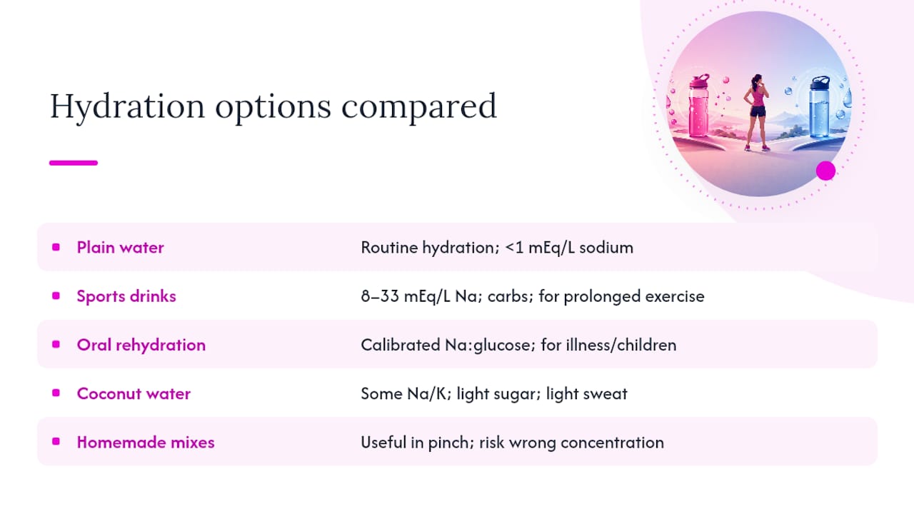 Comparing your options: water, sports drinks, ORS, coconut water, and homemade mixes — overview diagram