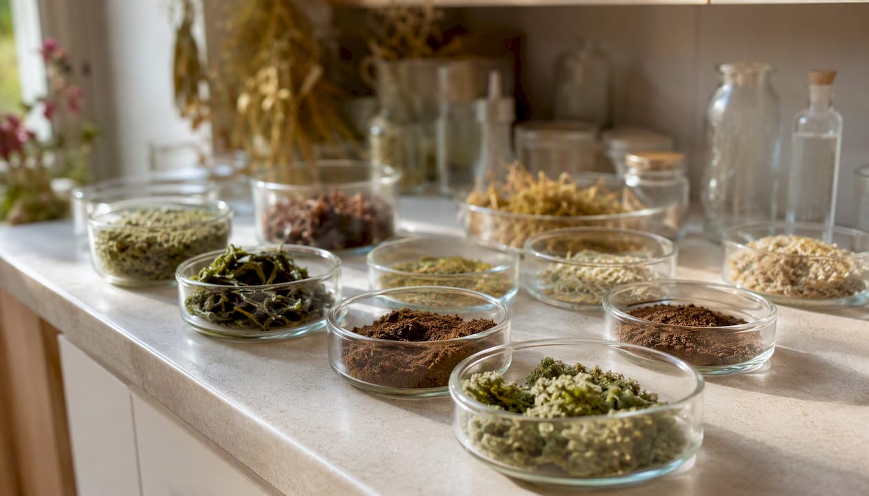 Close-up of plant-based supplement ingredients in dishes