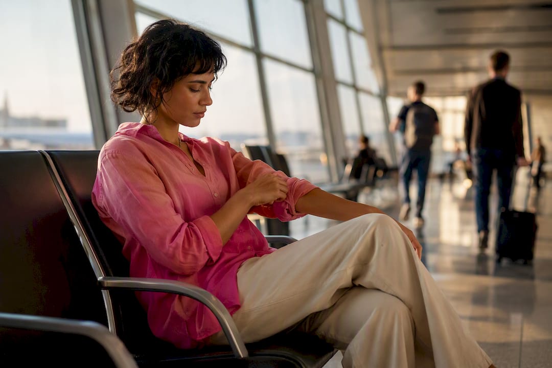 Woman cooling down in airport terminal