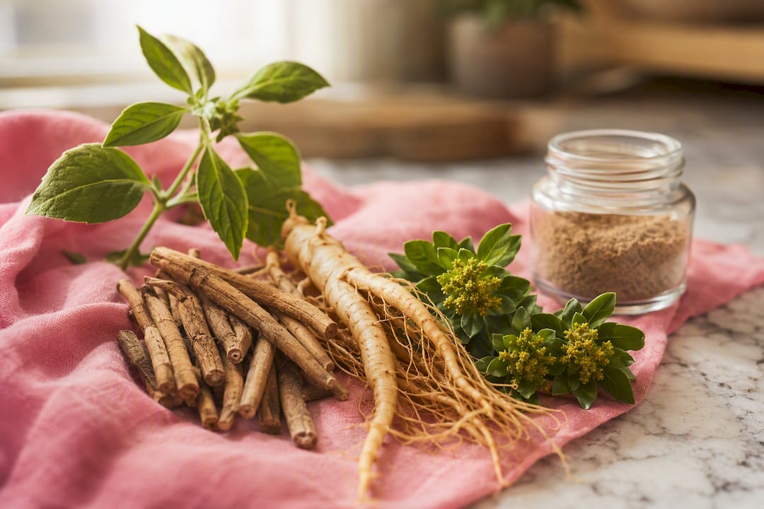 Close-up of adaptogen plants and roots