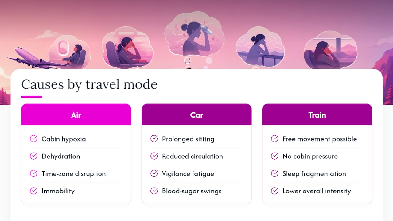 Comparison infographic of brain fog causes by travel mode