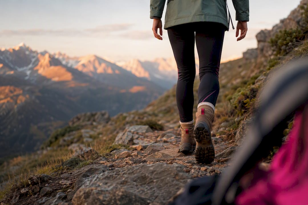 Hiker ascending rocky mountain trail