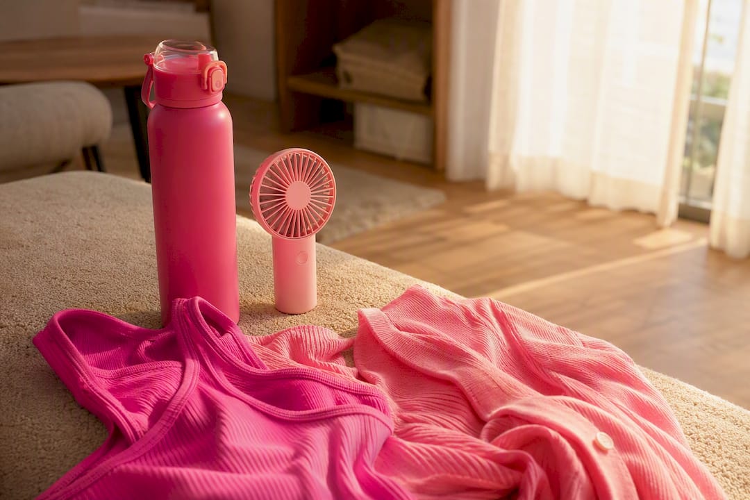 Water bottle, fan, and layered clothing for cooling