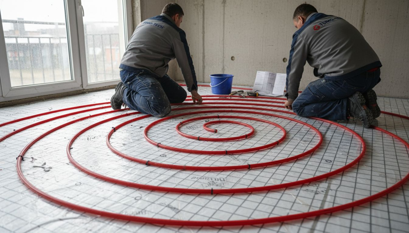 Specjaliści właśnie rozkładają instalację ogrzewania podłogowego.