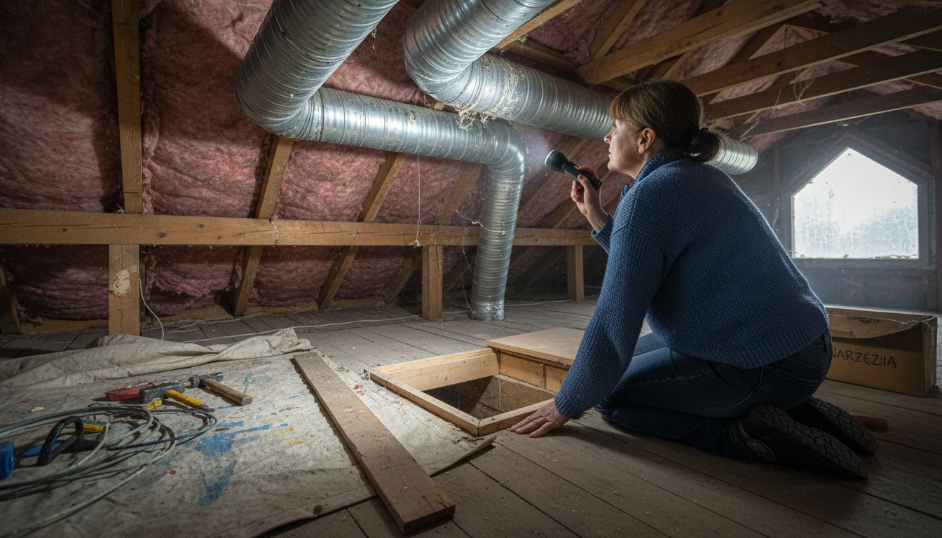 Właściciel domu sprawdza przewody wentylacyjne na strychu.