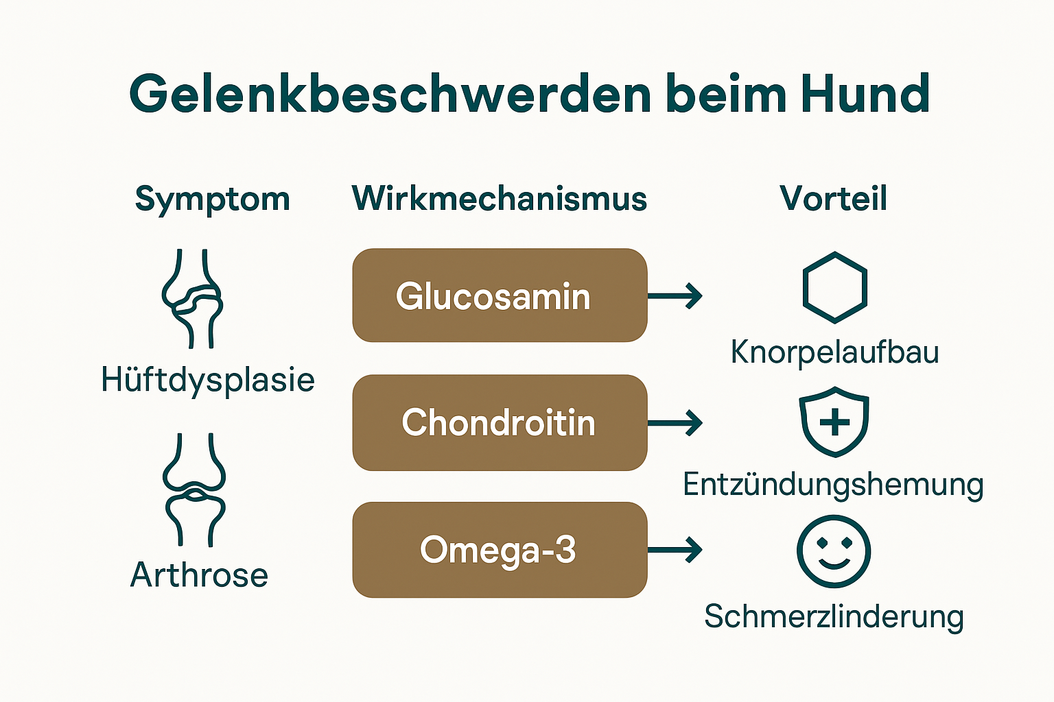 Infografik über Hauptinhaltsstoffe und Wirkungsweisen von Gelenktabletten bei Hunden