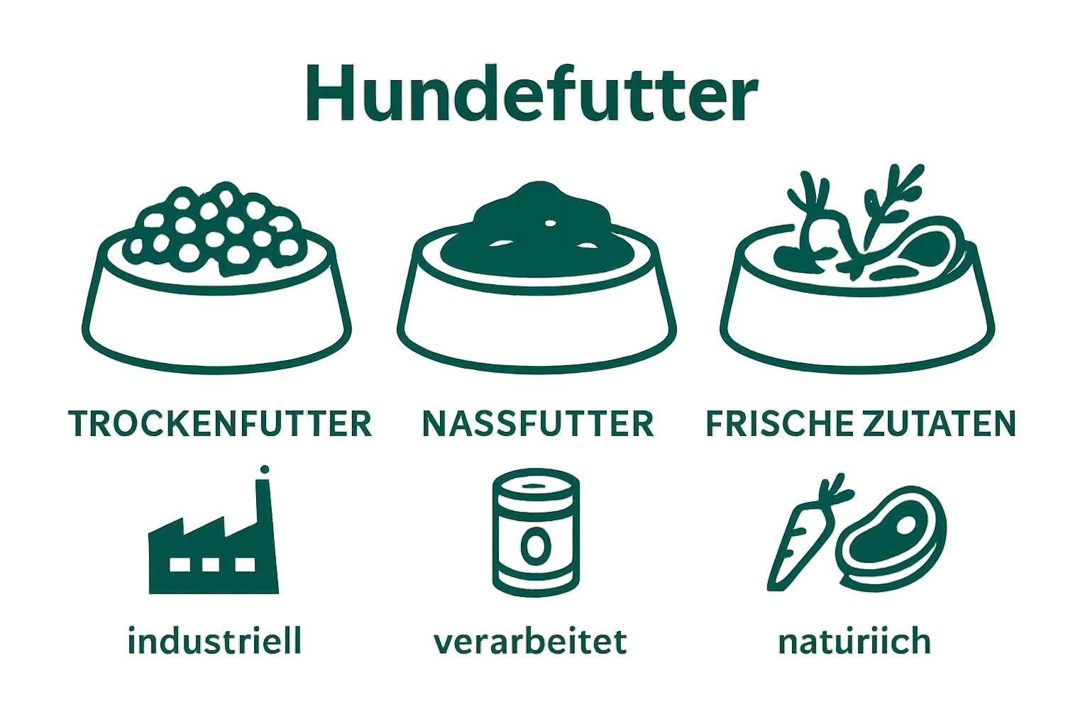 Infografik drei Futterschalen industriell verarbeitet natürlich