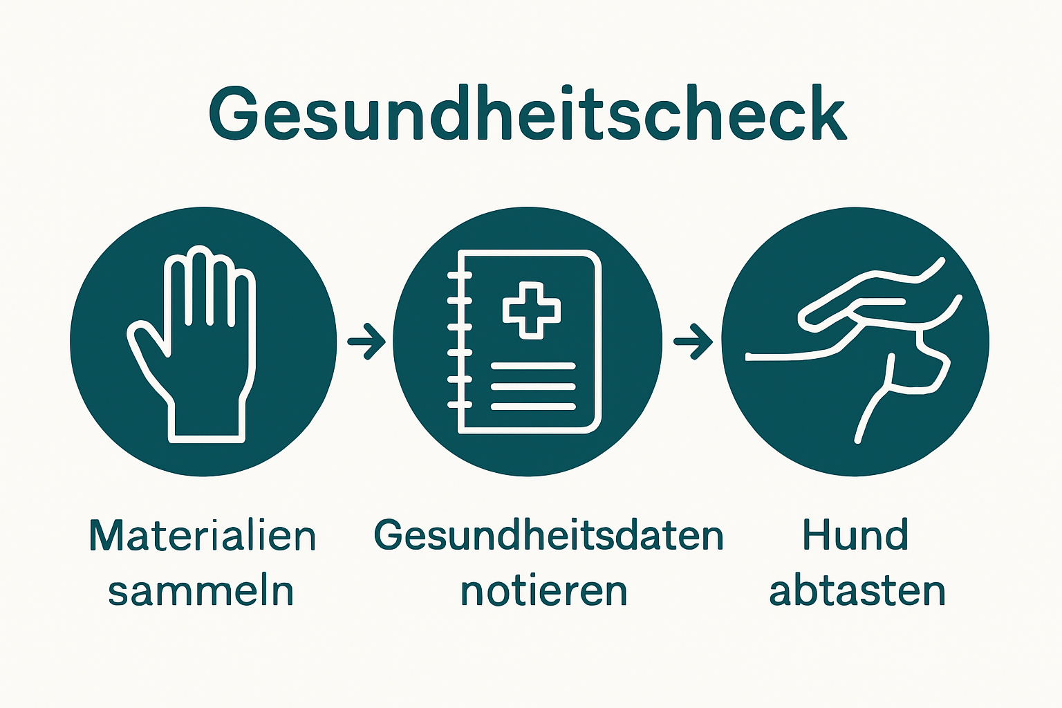 Icons zeigen die drei wichtigsten Schritte beim Gesundheitscheck Hund: Vorbereitung, Dokumentation, erster Check.