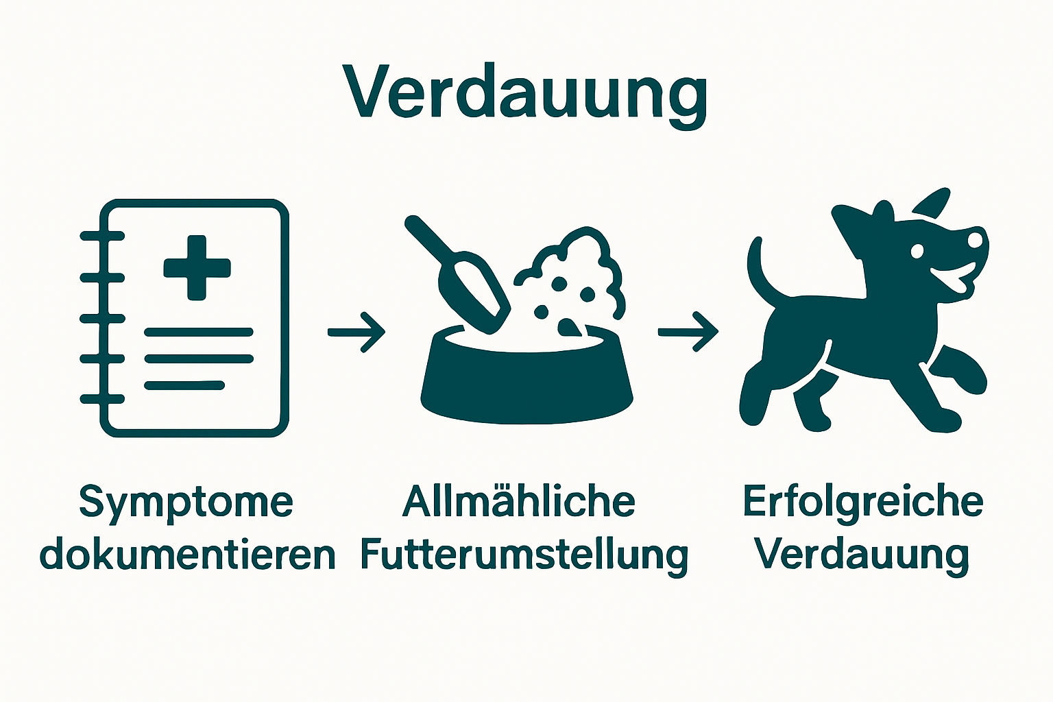 Schritt-für-Schritt-Infografik zur Beobachtung, Futterumstellung und Resultat bei Hundeverdauungsproblemen.