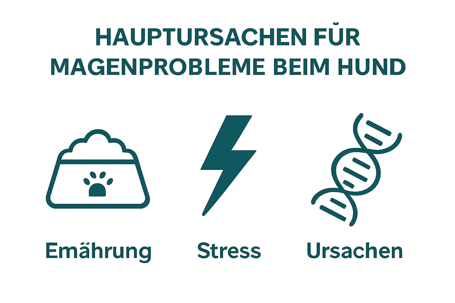 Icons zeigen drei Hauptursachen für Magenprobleme beim Hund