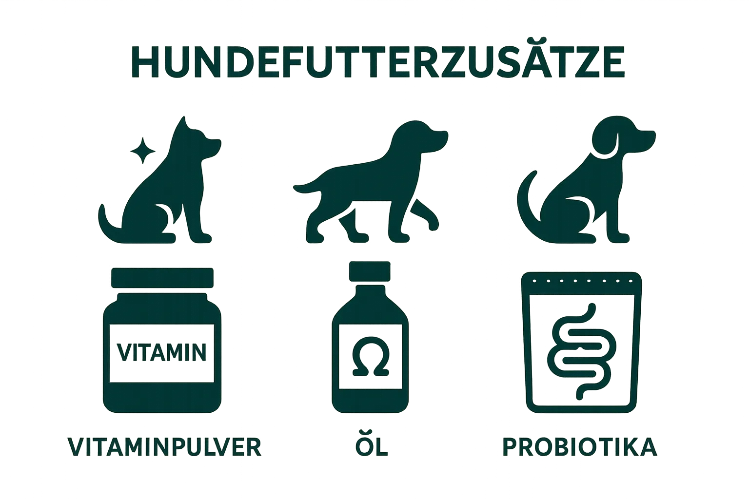 Icons zu Vitaminen, Ölen und Probiotika – Hauptarten von Hundefutterzusätzen