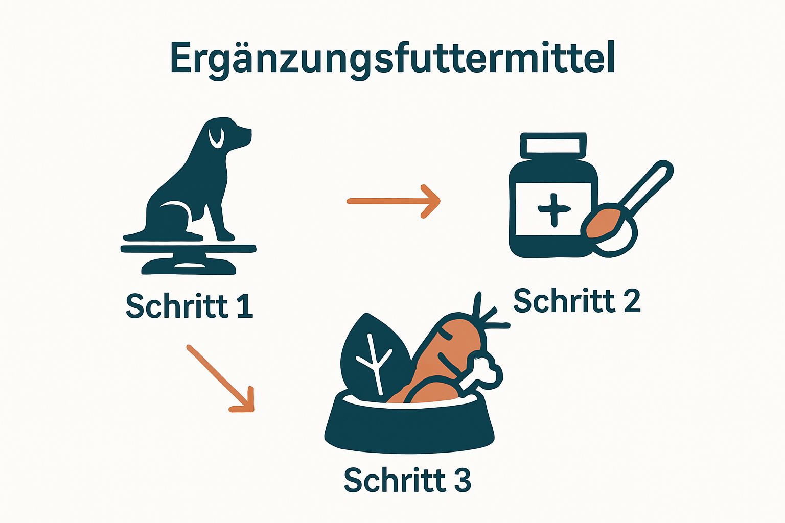 Drei Symbole zeigen Hund wiegen, Nahrungsergänzung geben, gesunde Fütterung