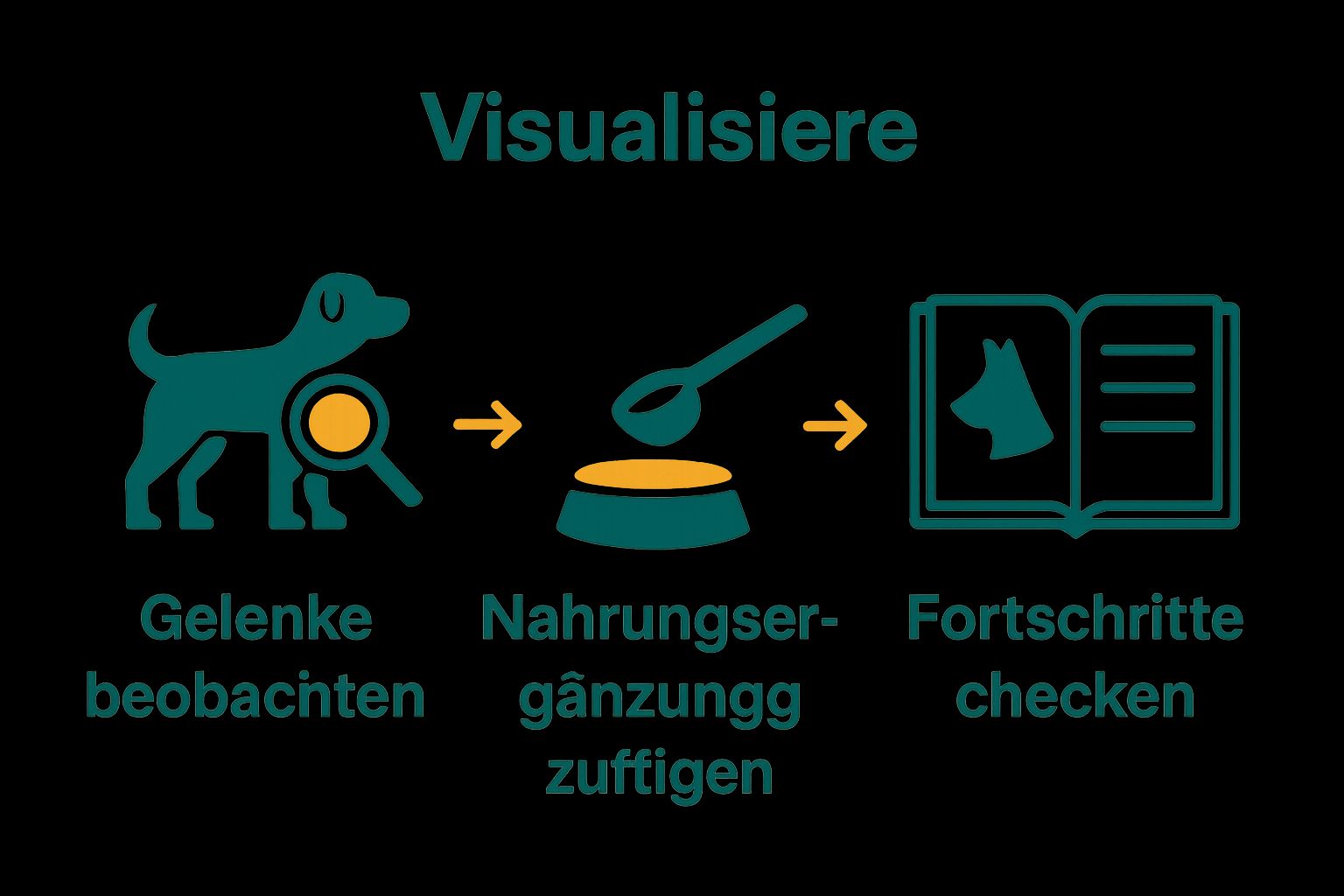 Infografik zeigt drei Schritte zur Verbesserung der Hunde-Gelenkgesundheit mit Icons für Beobachtung, Supplement und Tagebuch.