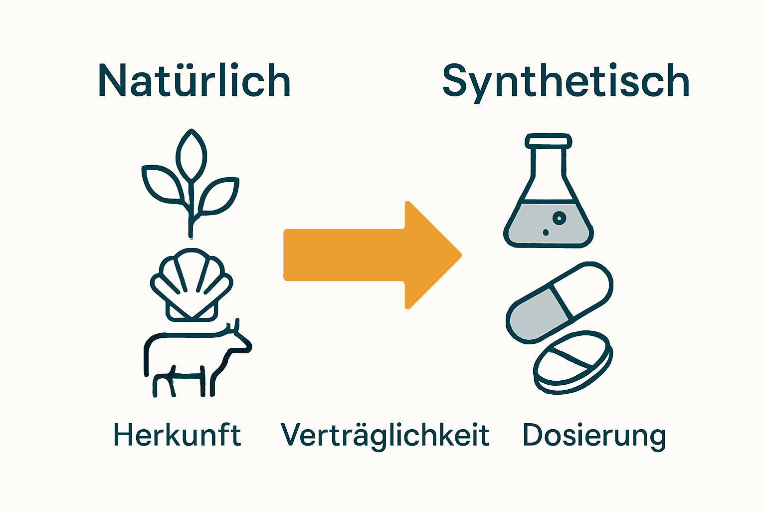 Infografik mit Symbolen für natürliche und synthetische Wirkstoffe in Hundegelenktabletten im Vergleich