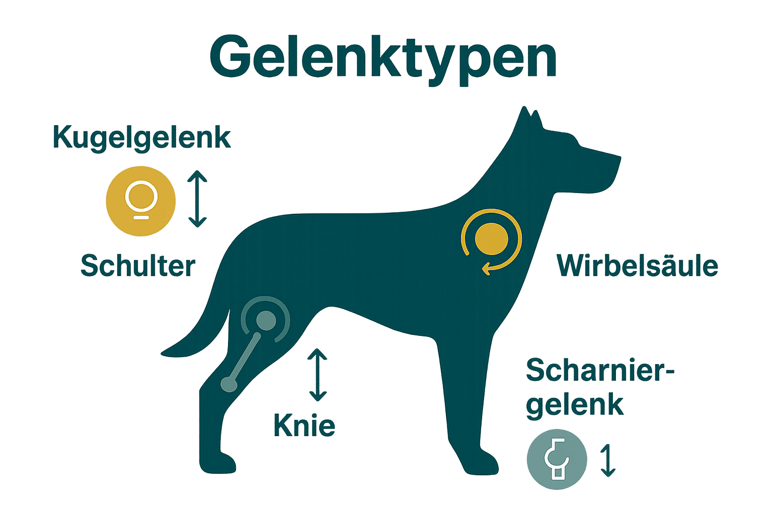 Infografik der wichtigsten Gelenktypen beim Hund mit Icons und Bewegungsrichtungen.