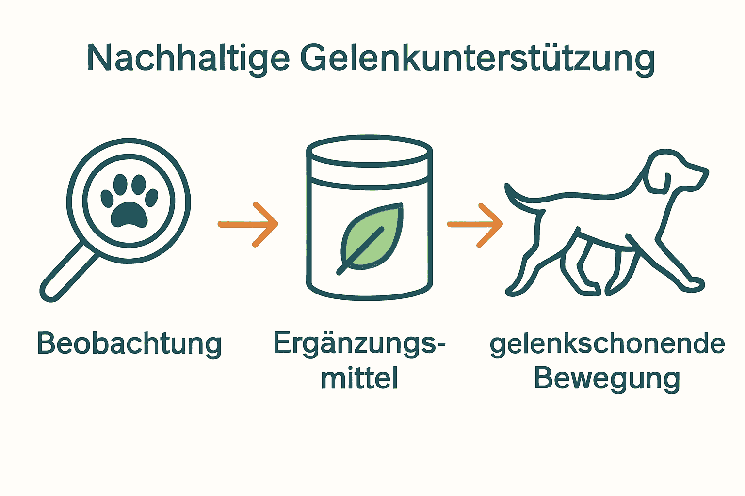 Infografik mit Icons zu Beobachtung, Ergänzungsmittel und Bewegung für Hundegelenke