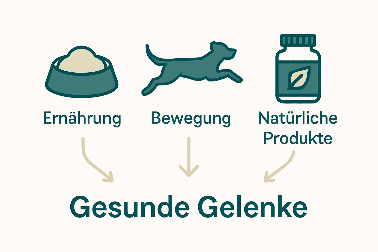 Infografik mit Icons für Ernährung, Bewegung und Ergänzung zur Gelenkgesundheit beim Hund