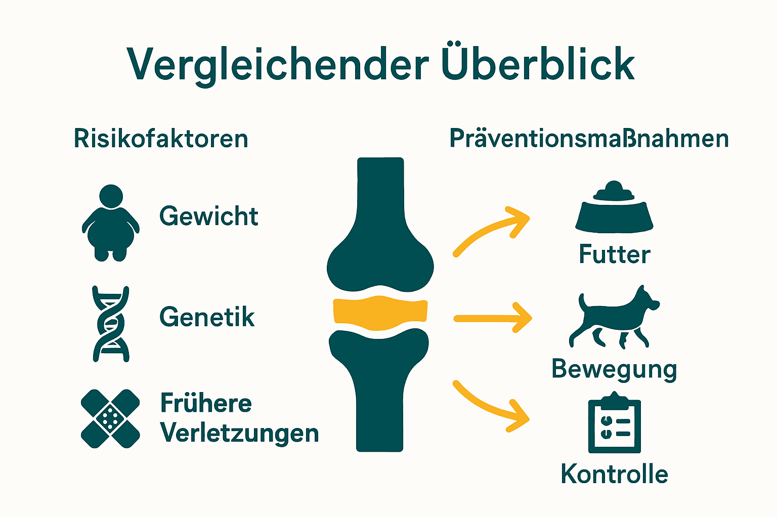 Infografik: Risikofaktoren und Präventionsmaßnahmen bei Hundegelenkverschleiß im Vergleich