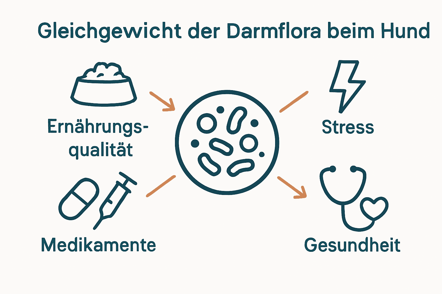Einflüsse auf Darmflora des Hundes als übersichtliche Infografik mit Icons für Futter, Stress, Medikamente und Gesundheit