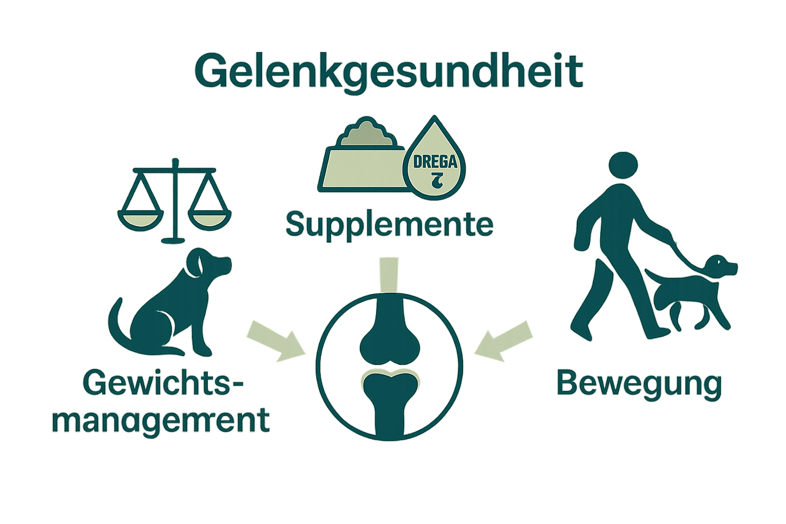 Infografik: Gewichtsmanagement, Supplemente, Bewegung für Gelenkgesundheit beim alten Hund.