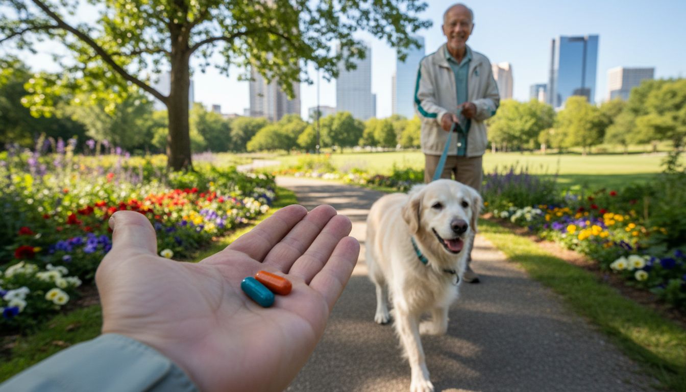 Senior dog walking energetically in park