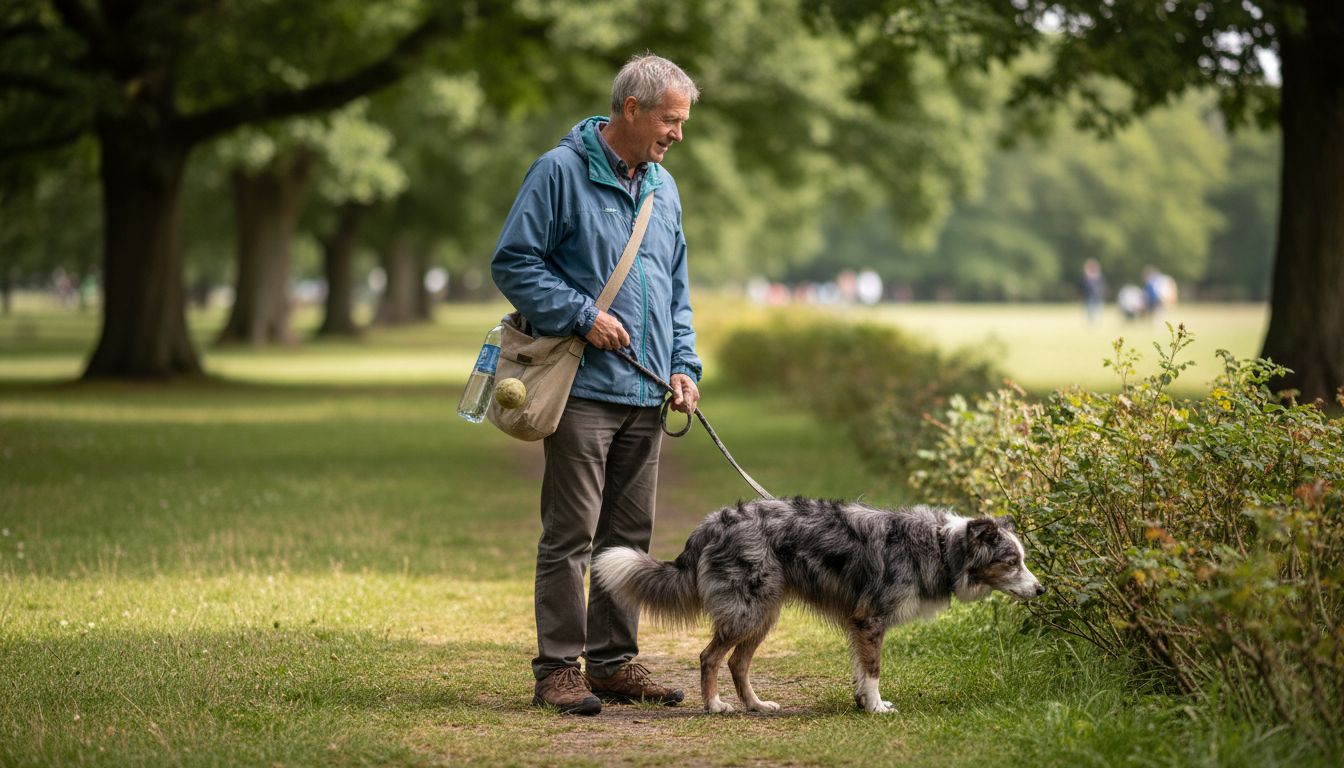Older dog walking with owner in park