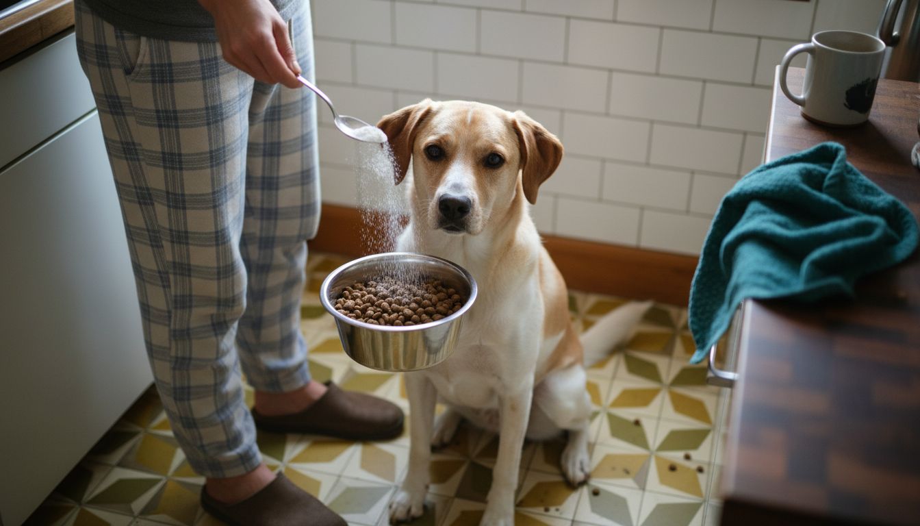 Owner adding joint powder to dog bowl in kitchen