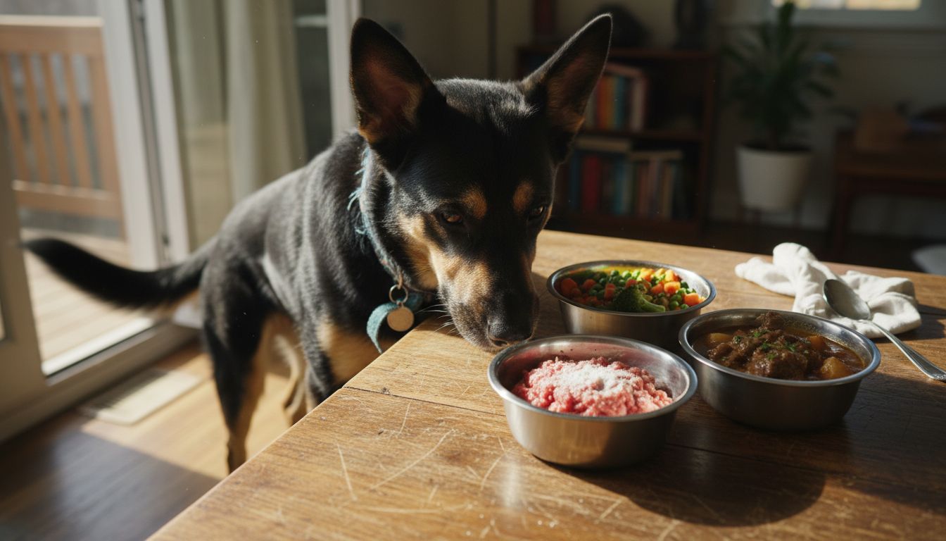 Dog sniffing diverse bowls of food