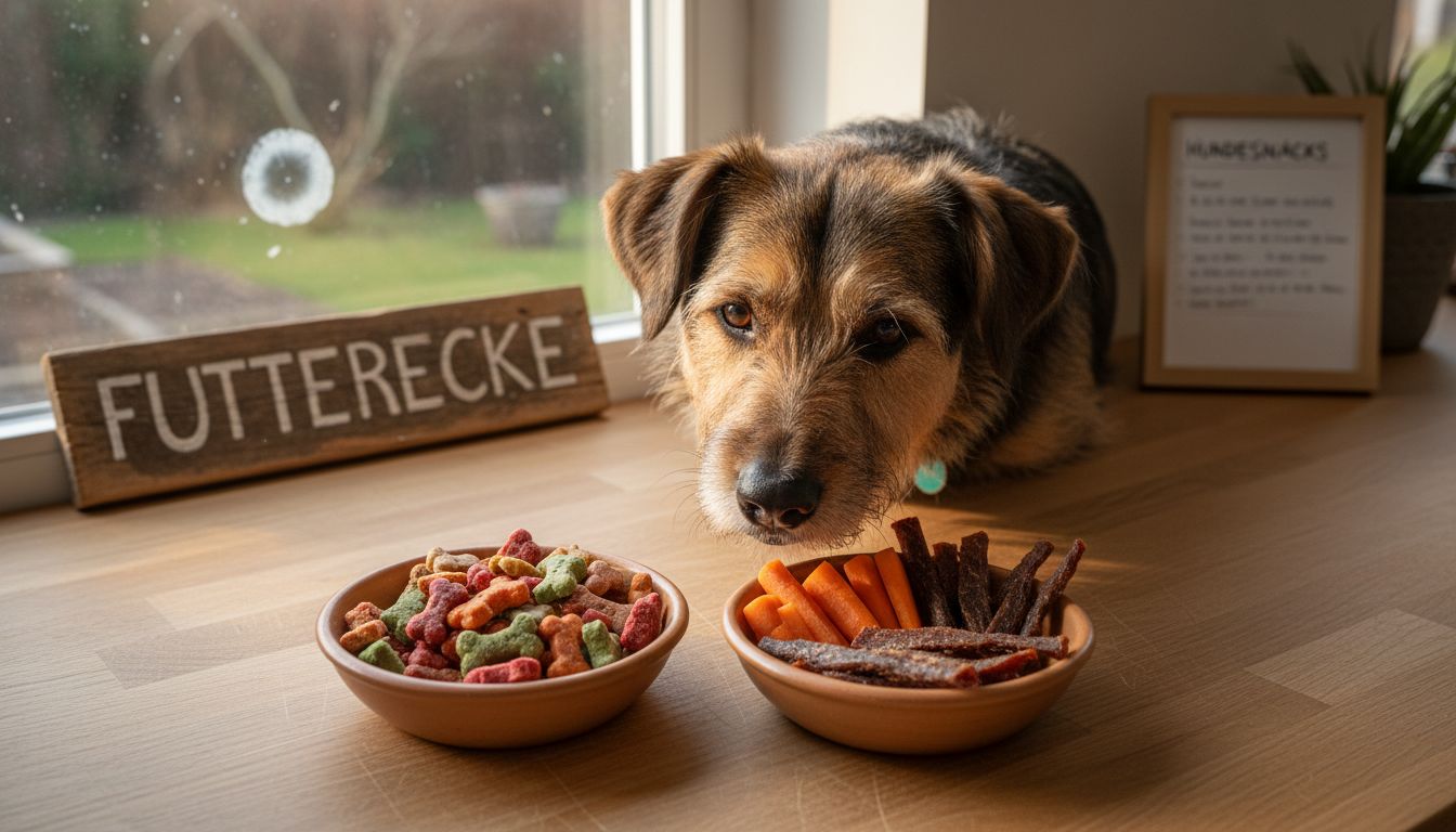 Ein Hund begutachtet sowohl natürliche als auch künstliche Leckerlis.