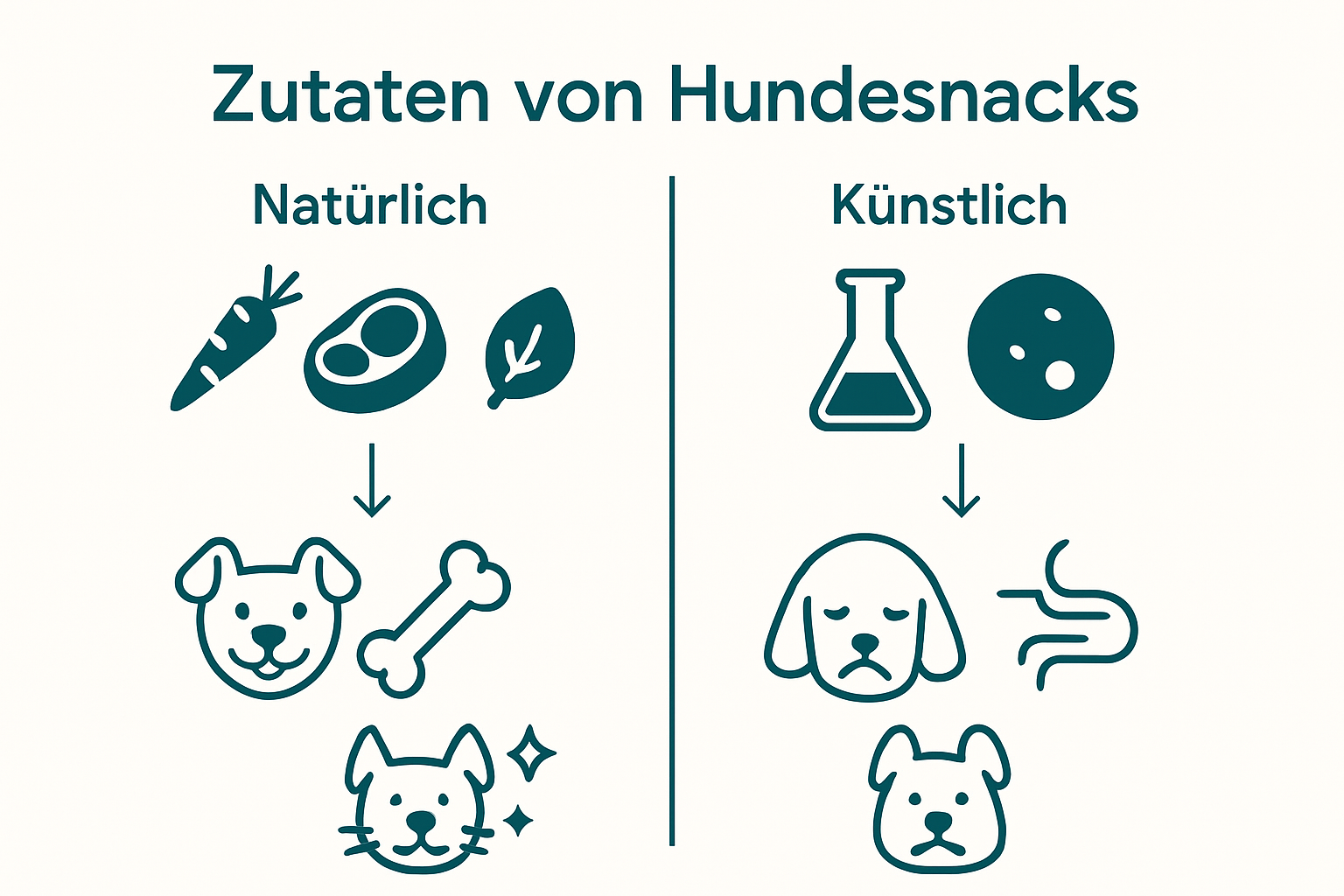 In dieser Infografik werden natürliche Hundesnacks und industriell hergestellte Leckerlis gegenübergestellt.