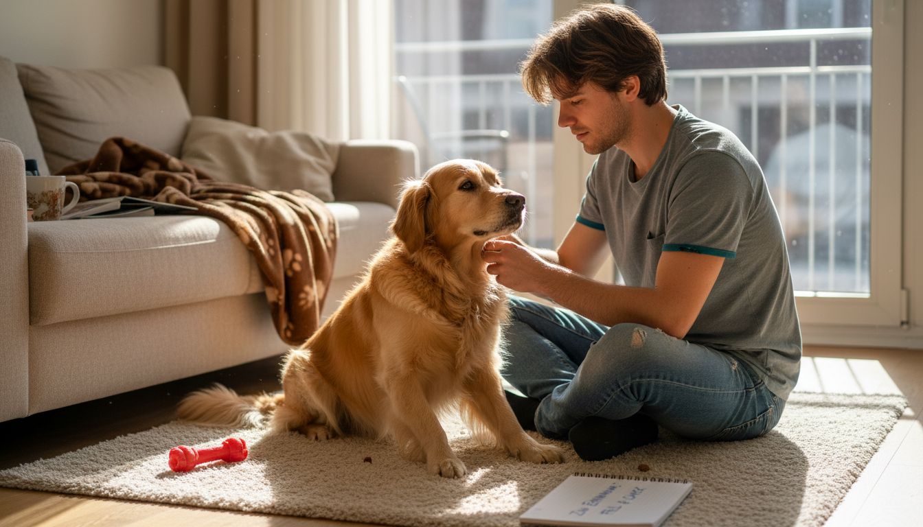 Hundebesitzer überprüft die Gesundheit seines Vierbeiners zu Hause