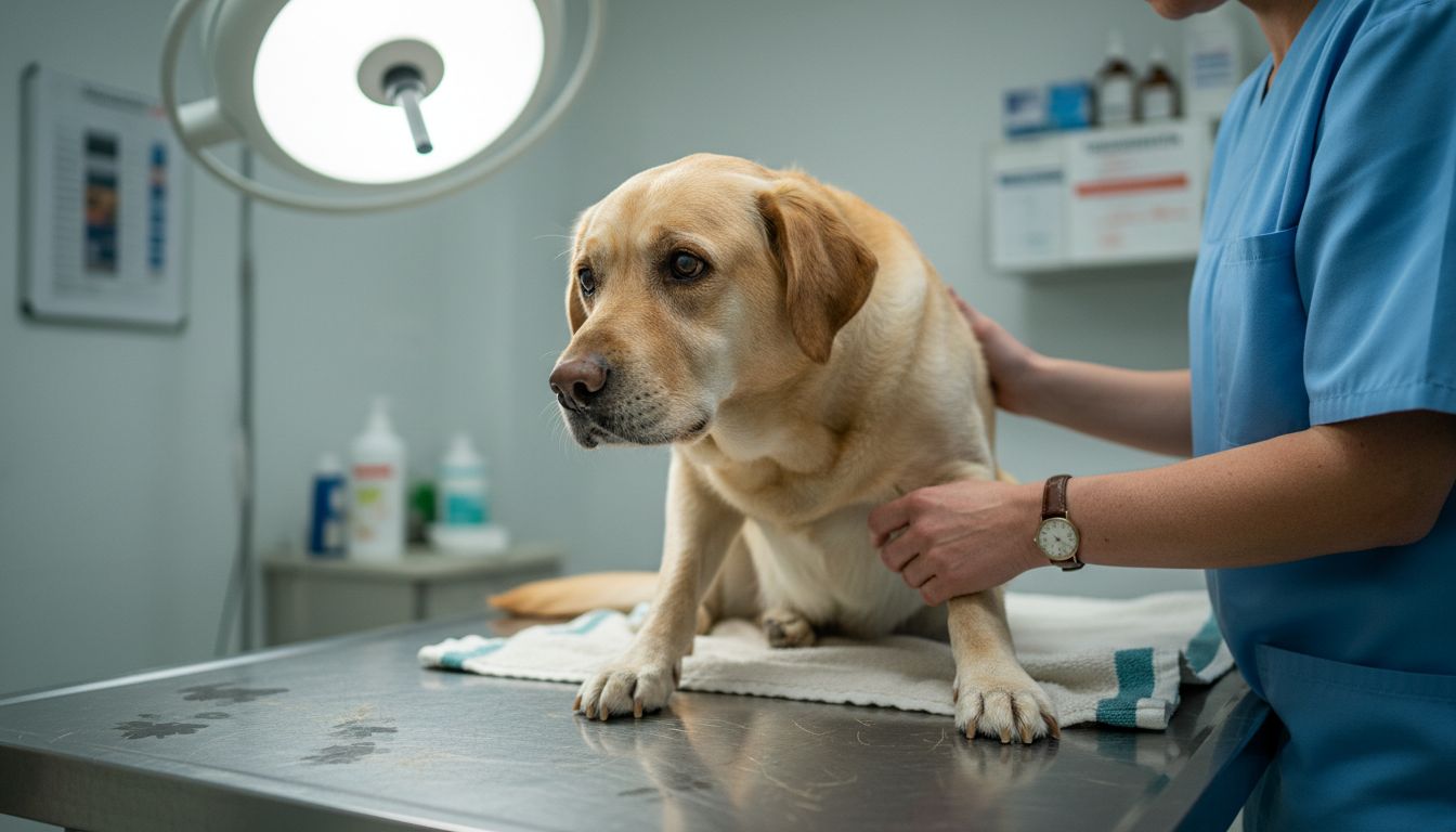 Die Tierärztin untersucht behutsam das Hinterbein des Hundes, um Veränderungen festzustellen.