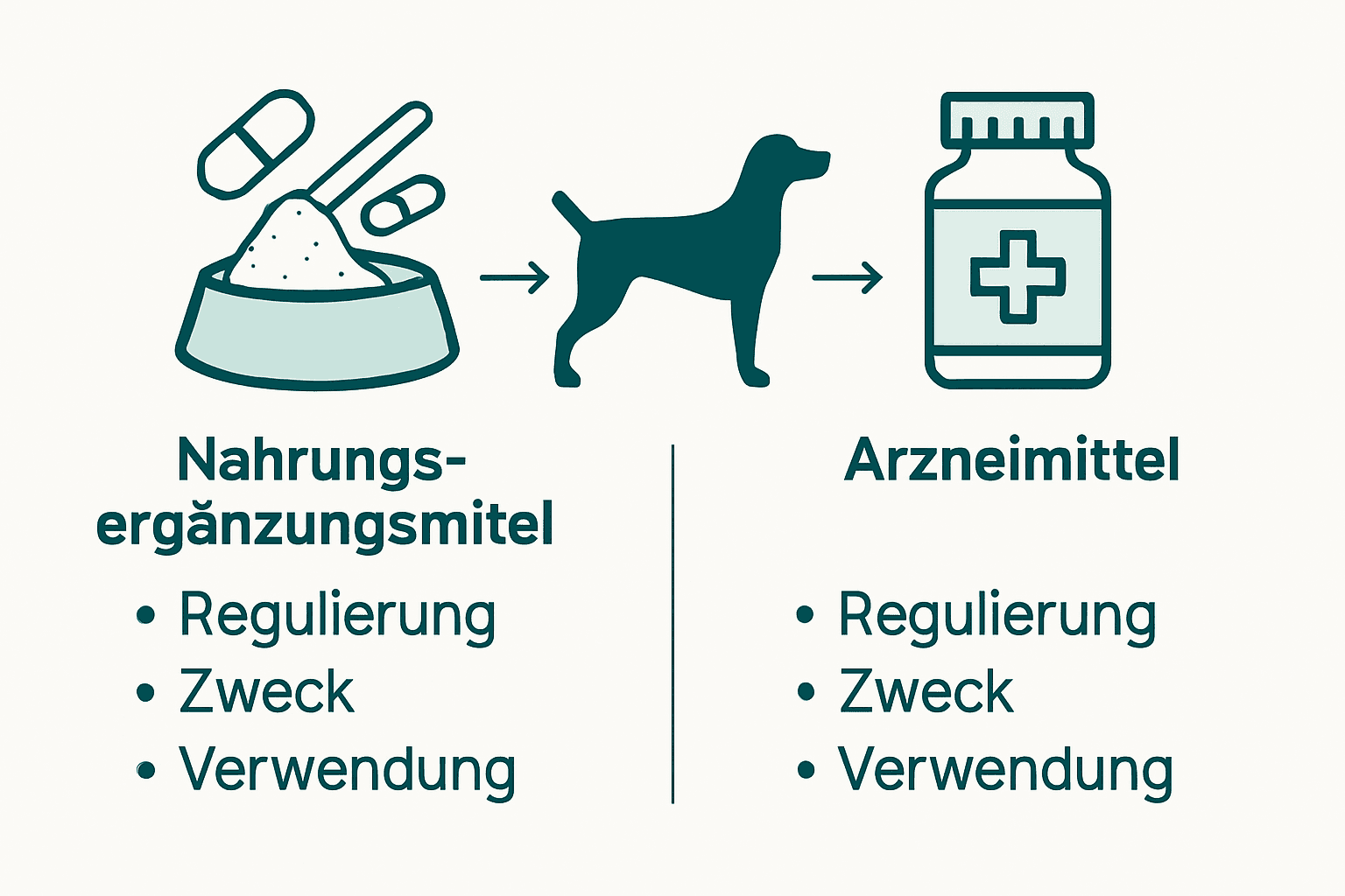 In dieser Infografik werden Nahrungsergänzungsmittel und Medikamente für Hunde gegenübergestellt.