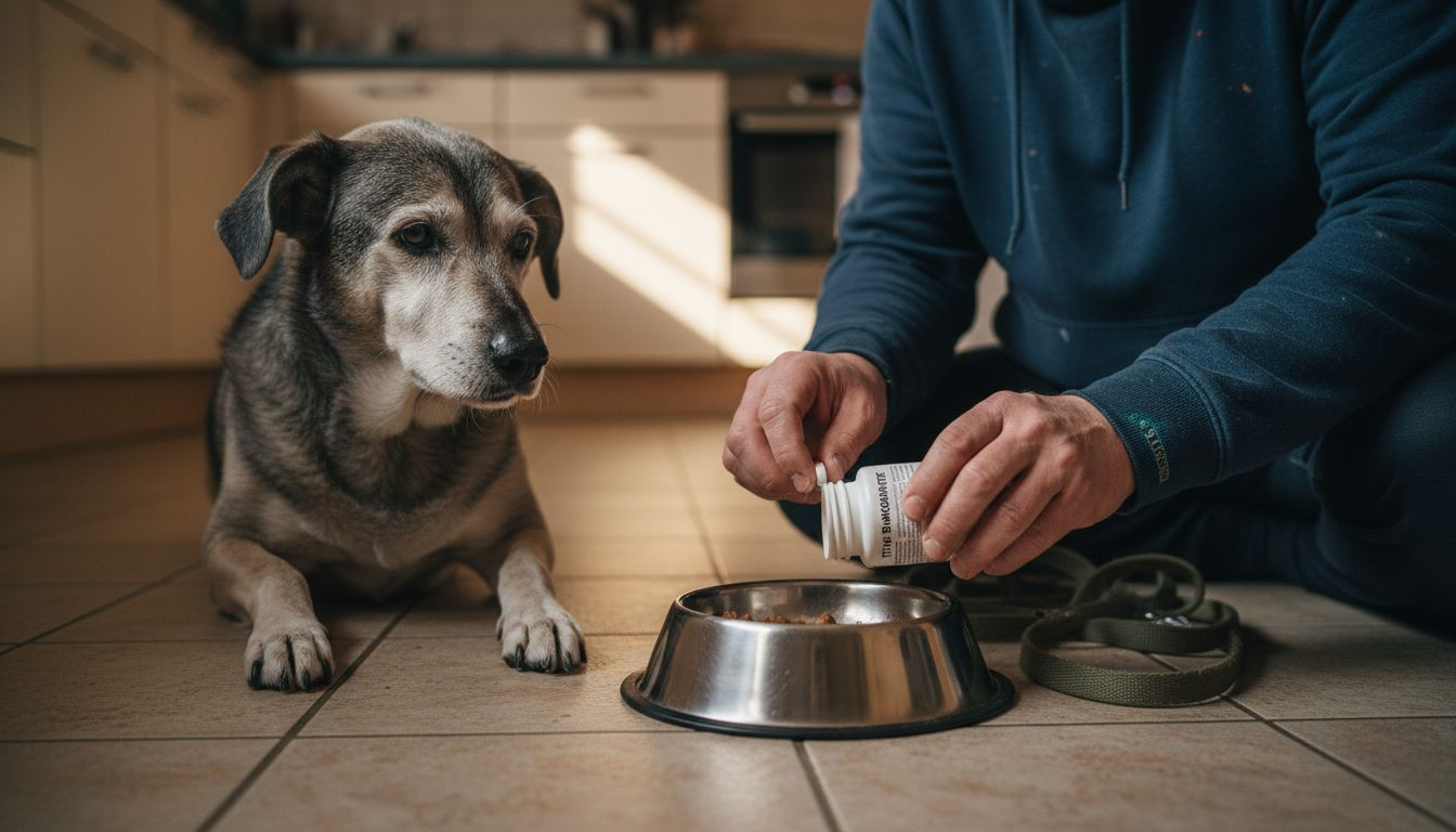 Unser älterer Hund erhält seine Gelenktablette zusammen mit dem Futter.