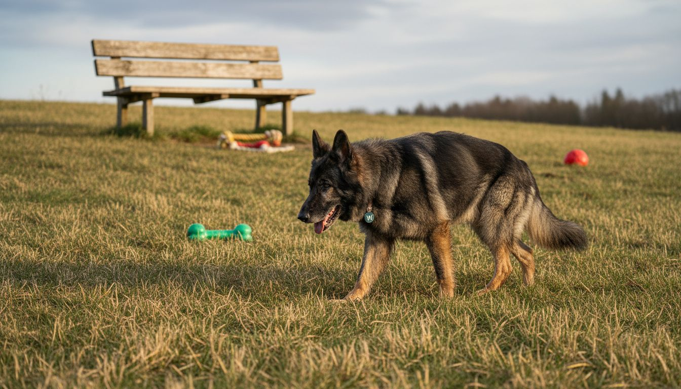 Gemächlich trottet ein betagter Schäferhund über die grüne Wiese.