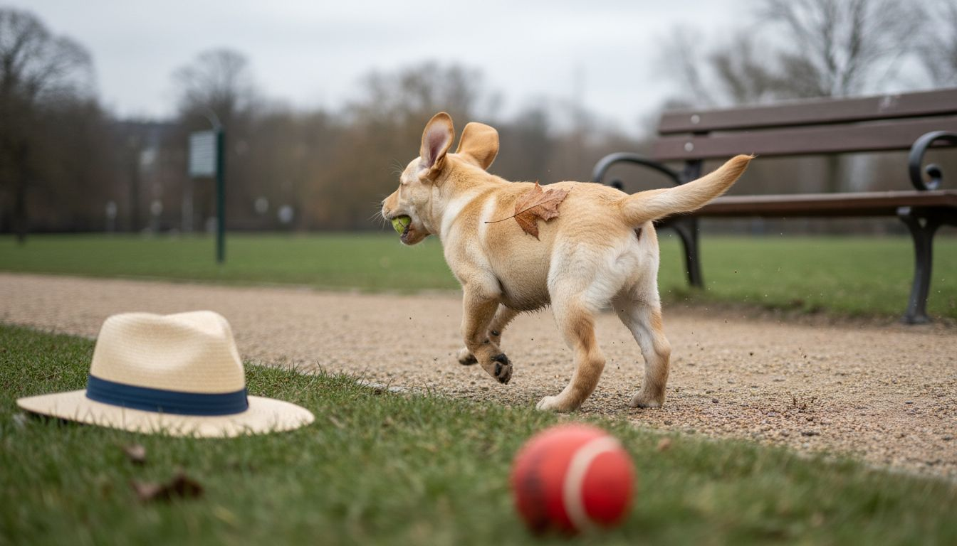 Ein Labrador tollt vergnügt durch den grünen Stadtpark.