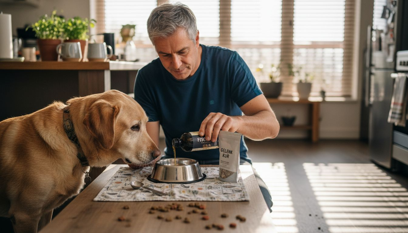 Ein Mann bereitet Nahrungsergänzungsmittel für seinen älteren Hund vor.