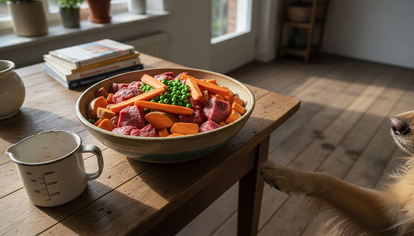 Nahaufnahme einer Schüssel mit frischen Zutaten für Hundefutter