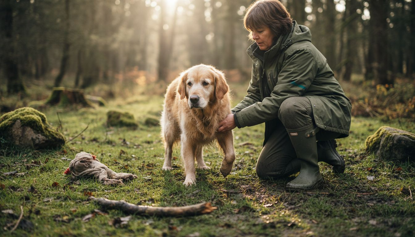 Hundebesitzerin beobachtet, wie ihr Vierbeiner durch den Wald streift