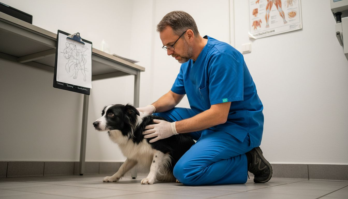 Ein Tierarzt untersucht einen Hund auf mögliche Magen-Darm-Probleme.