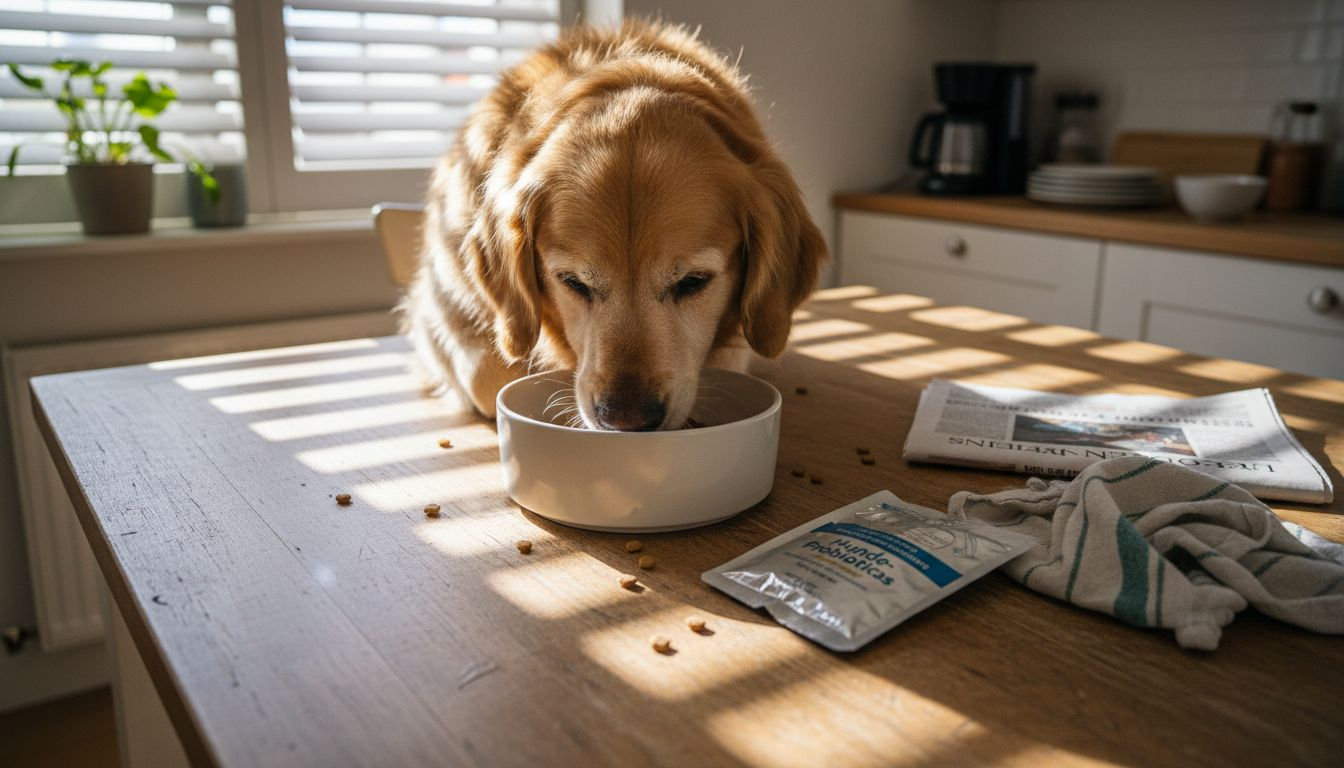 Am Küchentisch genießt der Hund sein Futter mit Probiotika.