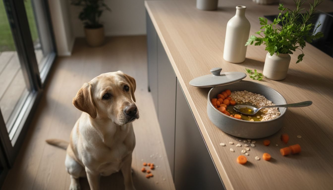 Ein neugieriger Hund verfolgt gespannt, wie frische Zutaten in der Küche vorbereitet werden.
