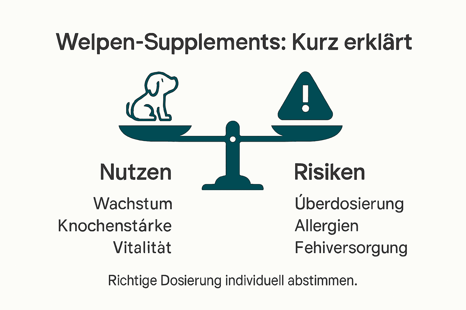 Infografik: Vor- und Nachteile von Nahrungsergänzungsmitteln für Welpen im Überblick