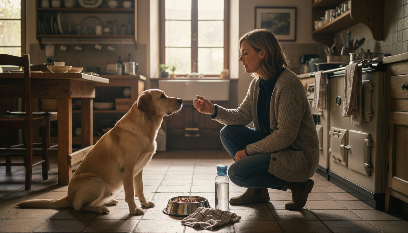 In der Küche verabreicht die Frau ihrem Hund eine Gelenkkapsel.