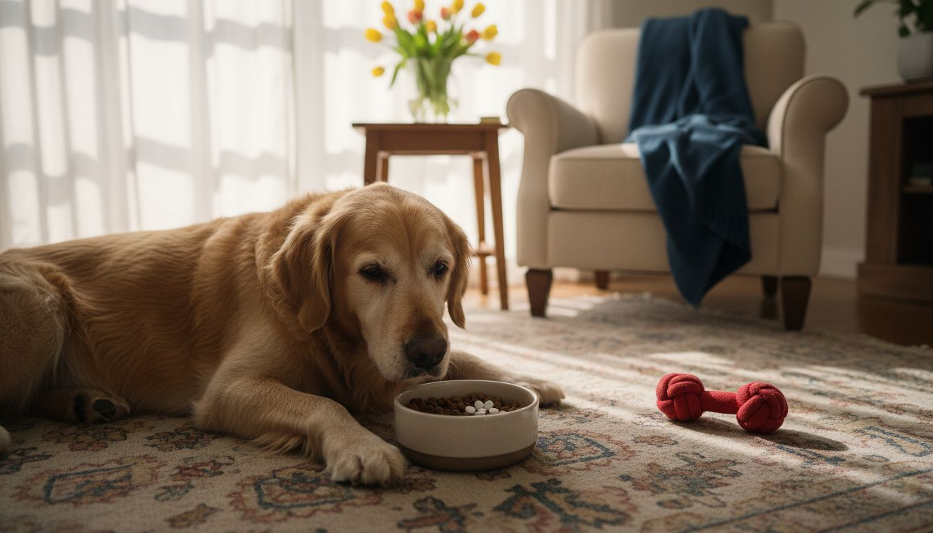 Ein Hund genießt sein Ergänzungsfutter gemütlich im Wohnzimmer.