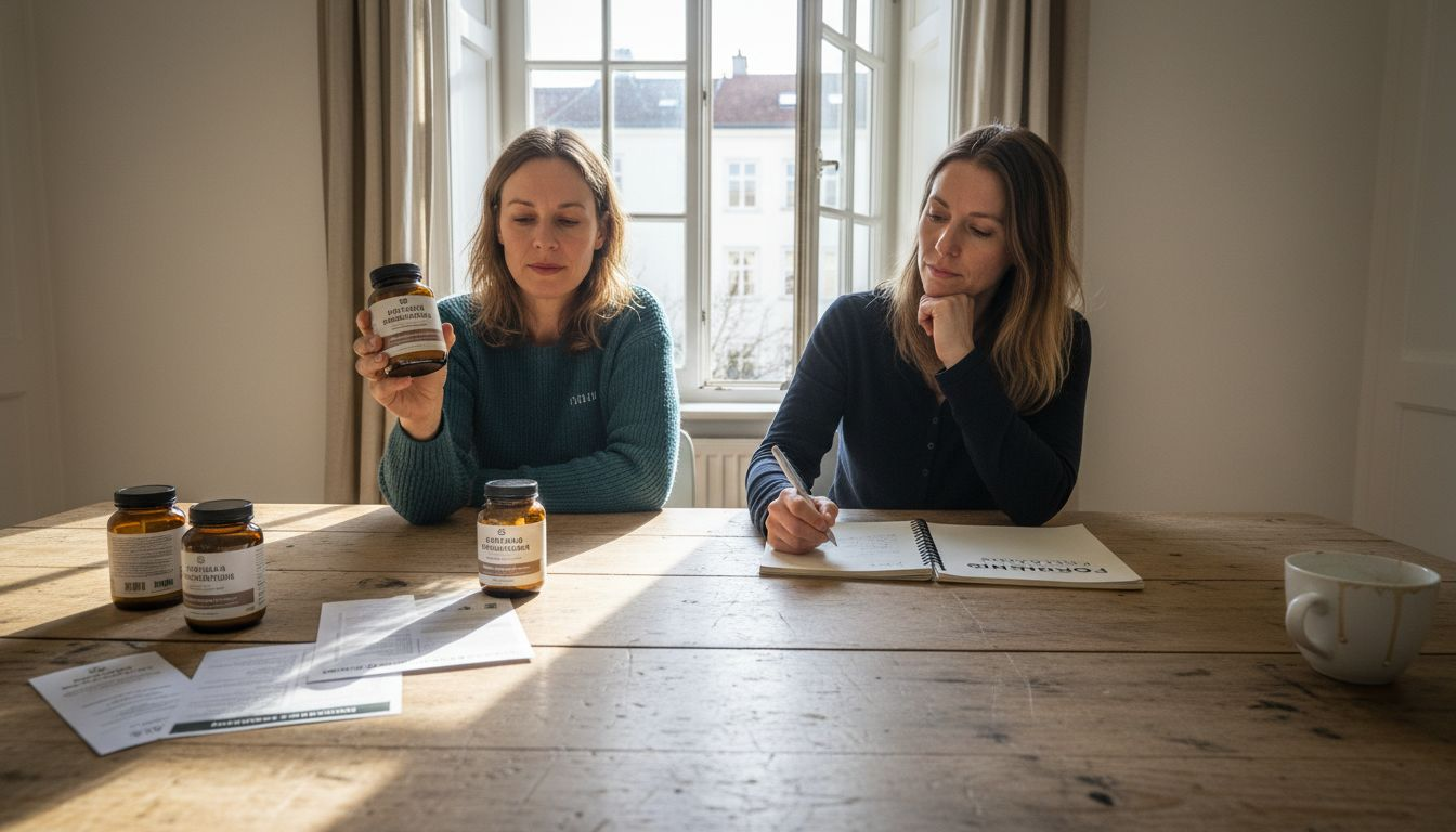 Zwei Frauen tauschen sich über verschiedene Probiotika für Hunde aus und vergleichen die Produkte miteinander.