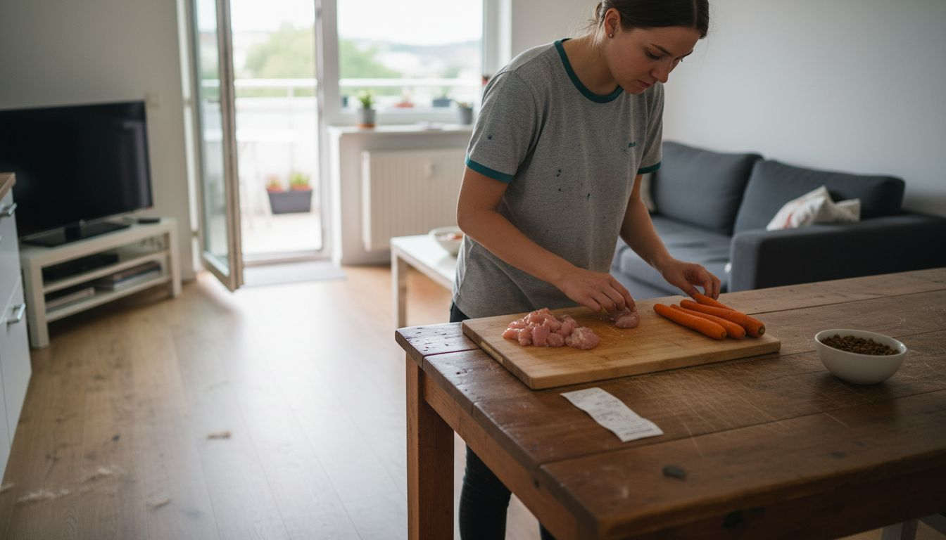 Frische Zutaten für die Zubereitung von Hundefutter liegen bereit auf dem Tisch.